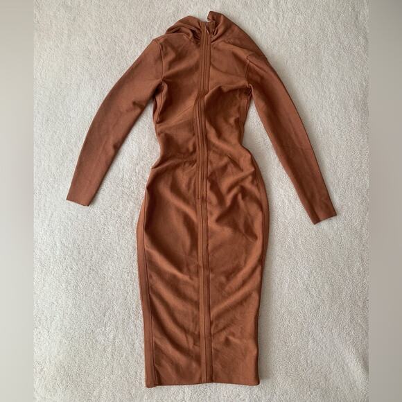 HOUSE OF CB Tan Brown Francesca Bandage Draped Cowl Stretch Midi Bodycon Dress - Picture 4 of 14